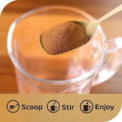 Spoonful of brown powder over a glass of liquid with 'Scoop, Stir, Enjoy' text.