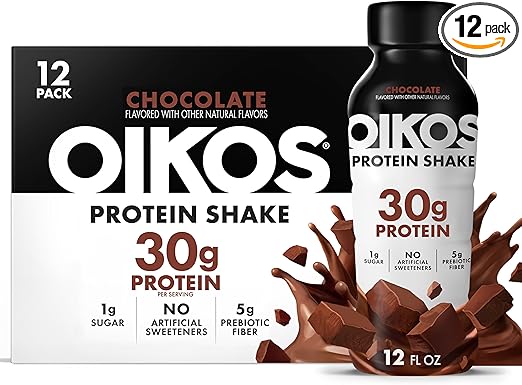 Oikos Protein Shake, Chocolate, 30g High Protein Drinks, Shelf Stable, Ready to Drink, 5g Prebiotic Fiber, 12 fl oz Bottle, 12 Count Retailxpres