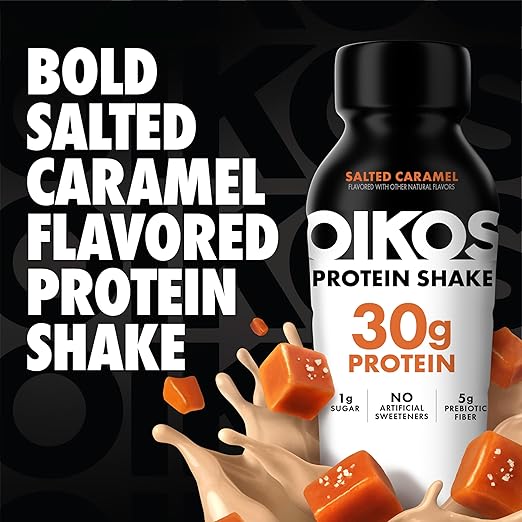 Oikos Protein Shake, Salted Caramel, 30g High Protein Drinks, Shelf Stable, Ready to Drink, 5g Prebiotic Fiber, 12 fl oz Bottle, 4 Count Retailxpres