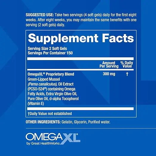 OmegaXL Joint Support Supplement - Natural Muscle Support, Green Lipped Mussel Oil, Soft Gel Pills, Drug-Free, 300 Count Retailxpres