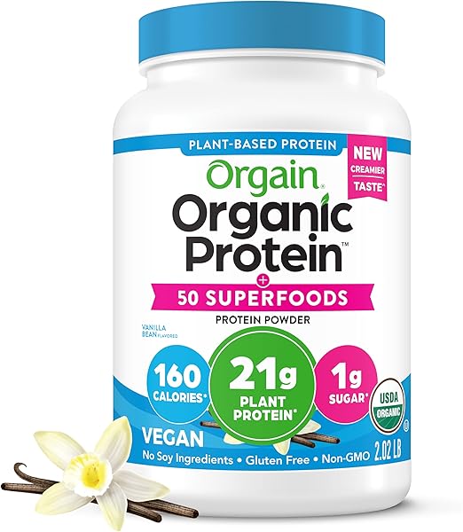 Orgain Organic Vegan Protein + 50 Superfoods Powder, Vanilla Bean - 21g Plant Based Protein, 8g Prebiotic Fiber, No Lactose Ingredients, Gluten Free, No Added Sugar, Non-GMO, 2.02 lb Retailxpres