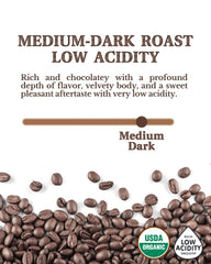 Coffee beans with medium-dark roast description and USDA Organic label on a white background