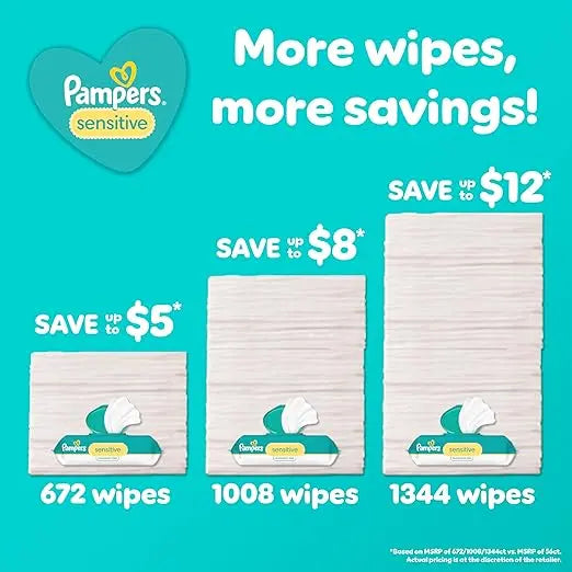 Pampers Sensitive Baby Wipes, Water Based, Hypoallergenic and Unscented, 8 Flip-Top Packs, 4 Refill Packs (1008 Wipes Total) Retailxpres