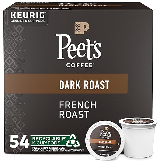 Box of Peet's Coffee K-Cup pods with two pods displayed in front on a white background.