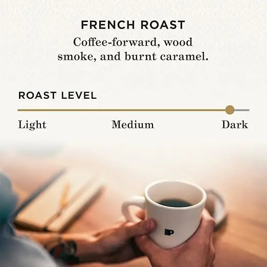 Person holding a coffee cup with text describing French roast coffee.