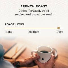 Person holding a coffee cup with text describing French roast coffee.