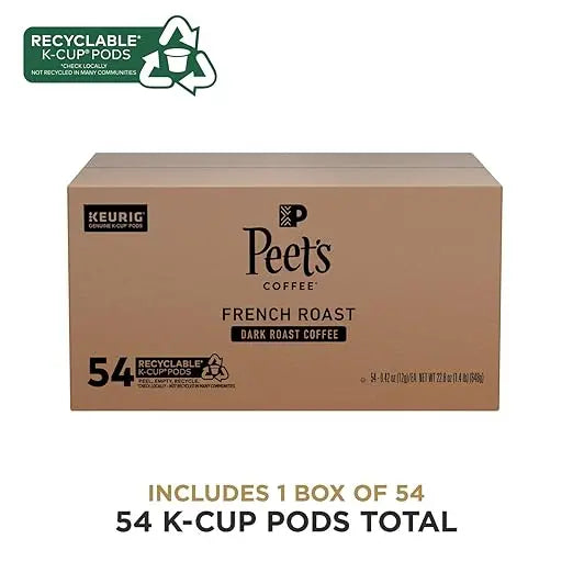 Box of Peet's Coffee K-Cup pods with recycling symbol on a white background