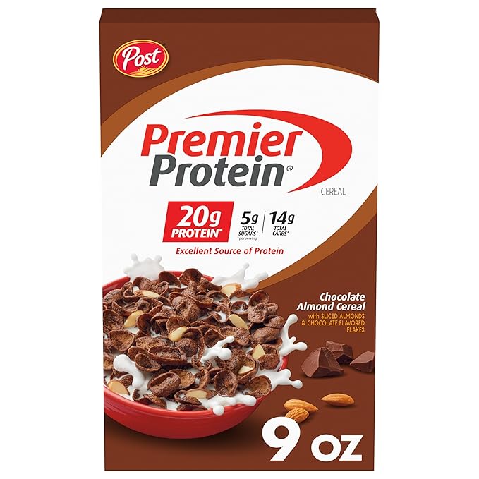 Premier Protein Chocolate Almond Cereal, Chocolatey Protein Cereal Flakes with Sliced Almonds, Contains 20g of Protein Per Serving, 9 OZ Box Retailxpres