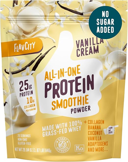FlavCity Grass Fed Whey Protein Powder - Vanilla Smoothie - 25g Protein & 10g Collagen - Made with Real Vanilla Bean & Organic Coconut Milk - Gluten Free & No Added Sugars (20 Servings) Retailxpres