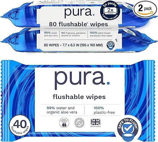 Pura Adult XL Flushable Unscented Wipes, 2 Packs of 40 Toilet Wipes (80 Wipes) Adult Wet Wipes, 99% Water & Aloe Vera, Personal Cleansing Wipes, Sensitive Skin Retailxpres