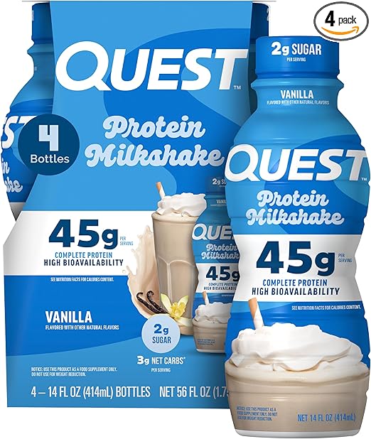 Quest Nutrition Vanilla Protein Shake, 45g Protein, 2g Sugar, 3g Net Carbs, Ready to Drink, Gluten Free, 4 Count Ifelshop