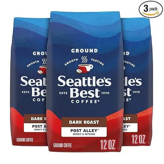 Three packages of Seattle's Best Coffee Dark Roast on a white background