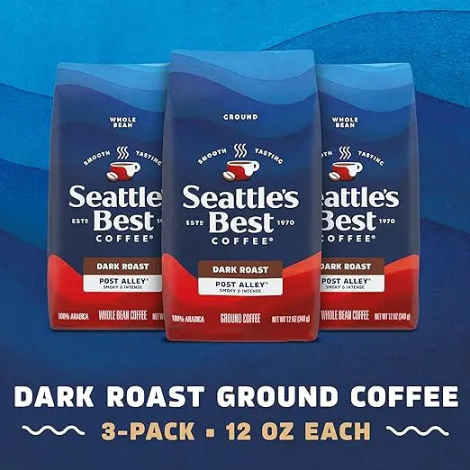 Three packages of Seattle's Best Dark Roast Ground Coffee on a blue background