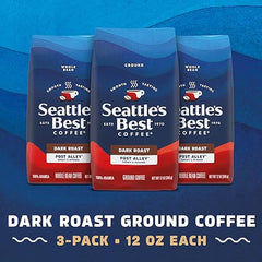 Three packages of Seattle's Best Dark Roast Ground Coffee on a blue background