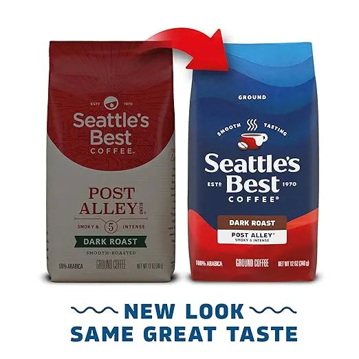 Two Seattle's Best coffee bags, one red and one blue, with a red arrow pointing from the red bag to the blue bag. Text 'New Look Same Great Taste' below.