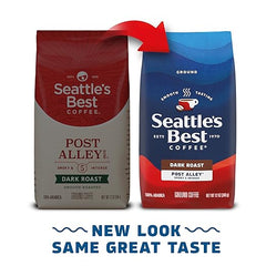 Two Seattle's Best coffee bags, one red and one blue, with a red arrow pointing from the red bag to the blue bag. Text 'New Look Same Great Taste' below.