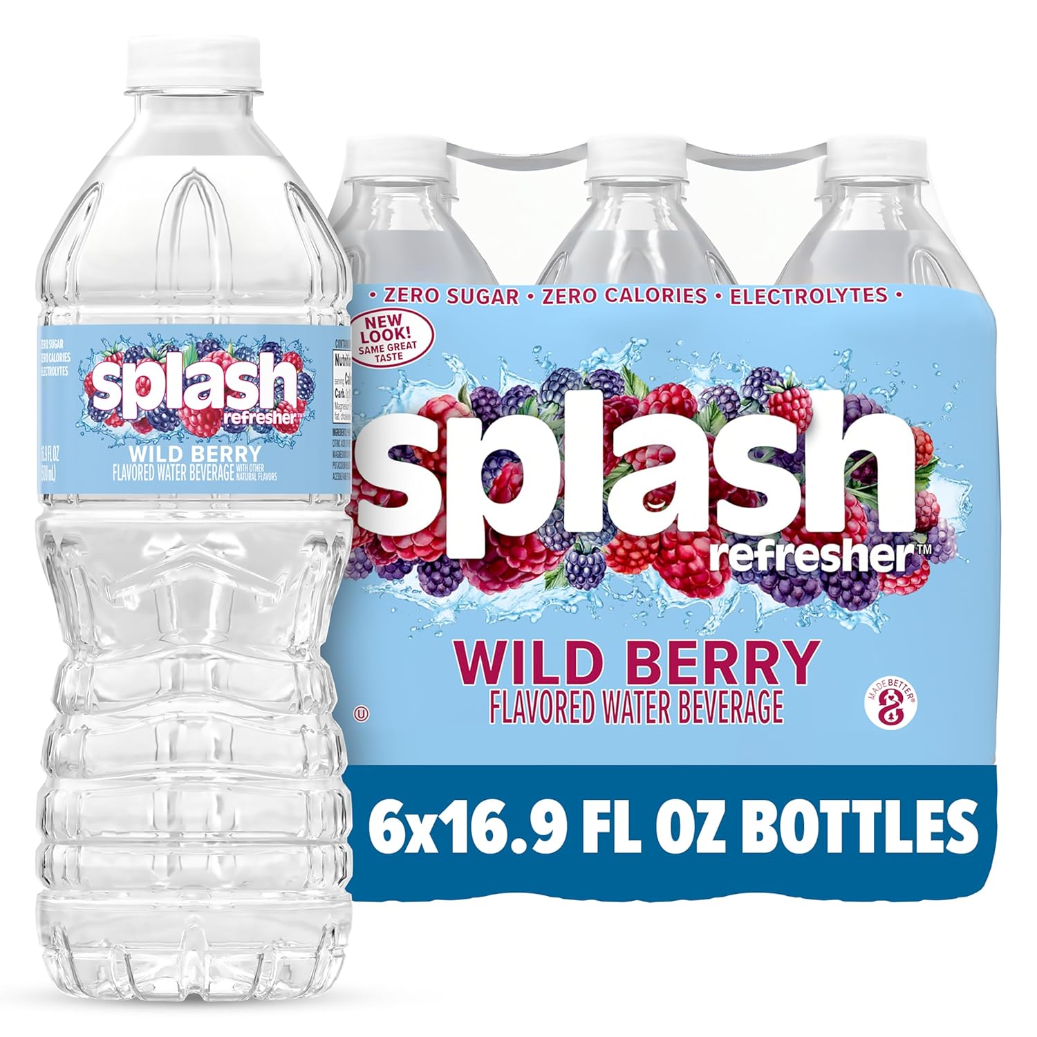Splash Refresher Flavored Water Bottles, Wild Berry Flavor - 6-Pack, 16.9 Fl Oz - Refreshing Flavored Bottled Water with Electrolytes - Zero Sugar & Zero Calories Retailxpres