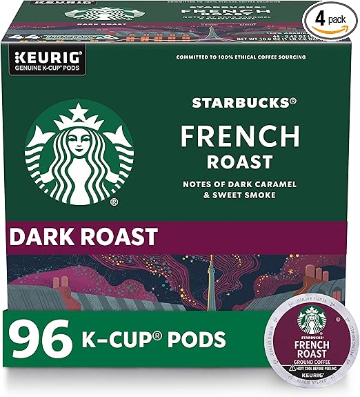 Box of Starbucks French Roast K-Cup pods with green and purple design.