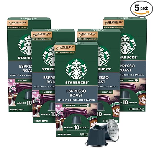 Starbucks Espresso Roast coffee capsules in green boxes with visible branding.