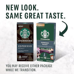 Two Starbucks Espresso Roast coffee capsule boxes with text about new packaging.