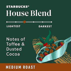 Starbucks House Blend coffee packaging with coffee beans and a scoop on a green and brown background.