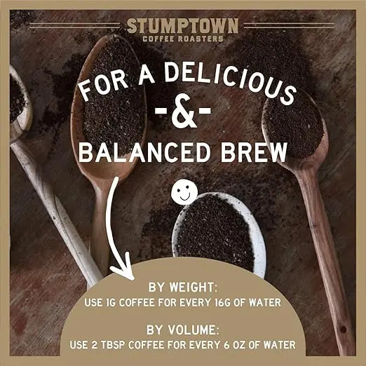 Stumptown Coffee Roasters advertisement with coffee grounds and spoons on a wooden background.