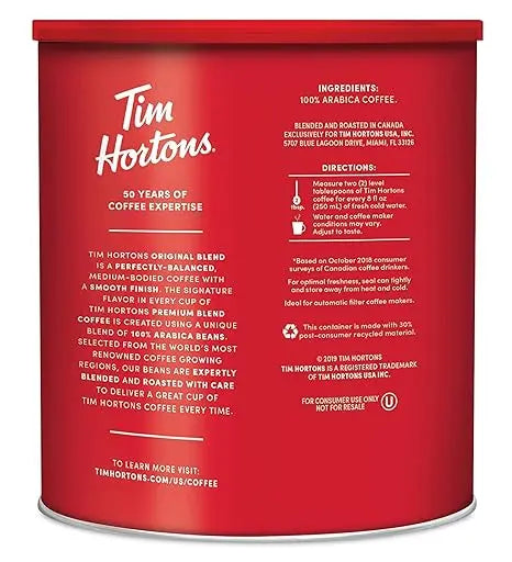 Red Tim Hortons coffee canister with white text on a white background