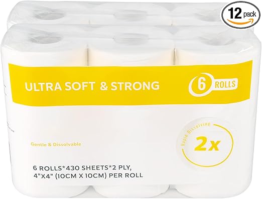 12 Rolls Premium Toilet Paper - 430 Sheets per Roll, 2-Ply, 4x4 Inch Sheet Size Paper Towels- Highly Absorbent, Strong & Soft for Bathroom Retailxpres