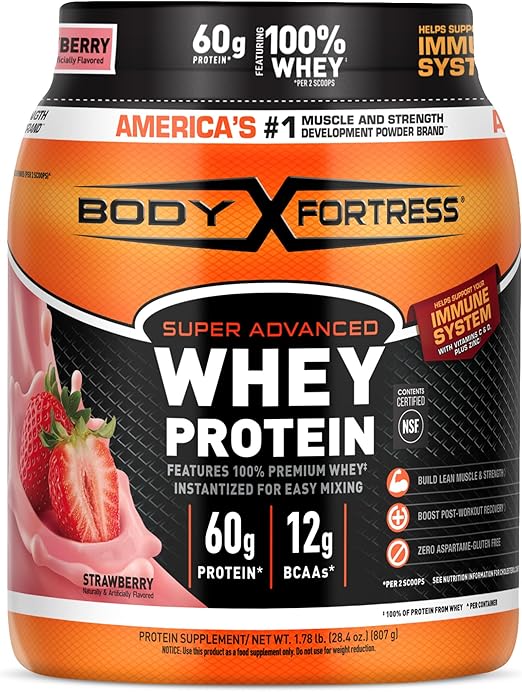 Body Fortress Super Advanced Whey Protein Powder, Strawberry, Immune Support (1), Vitamins C & D Plus Zinc, 1.78 lbs Retailxpres