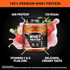 Body Fortress Super Advanced Whey Protein Powder, Strawberry, Immune Support (1), Vitamins C & D Plus Zinc, 1.78 lbs Retailxpres