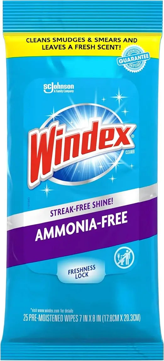 Windex Wipes Glass Cleaning Ammonia Free, Pre-Moistened Wipes for Cleaning All Glass Surfaces, Crystal Rain Fresh Scent, 25 Count Retailxpres