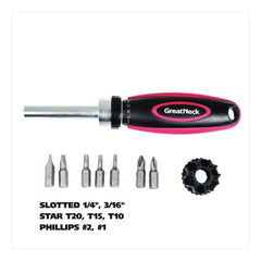 Great Neck Ratcheting Screw/Nut Driver Set, Phillips/Slotted/Star Bits, 7" Long, Black/Red (GNS950DE) Retailxpres