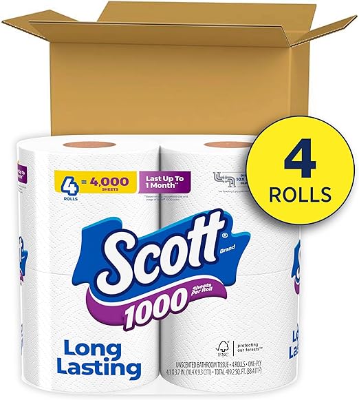 Scott 1000 Bathroom Tissue, Septic Safe, 1-Ply, White, 1,000 Sheets/Roll, 4 Rolls/Pack, 12 Packs/Carton (KCC10183) Retailxpres