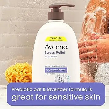 Aveeno Stress Relief Body Wash with Nourishing Oat & Lavender Scent for Sensitive Skin, Gently Cleanses & Helps You Feel Calm & Relaxed in the Shower, Soap-Free, 33 fl. oz Retailxpres