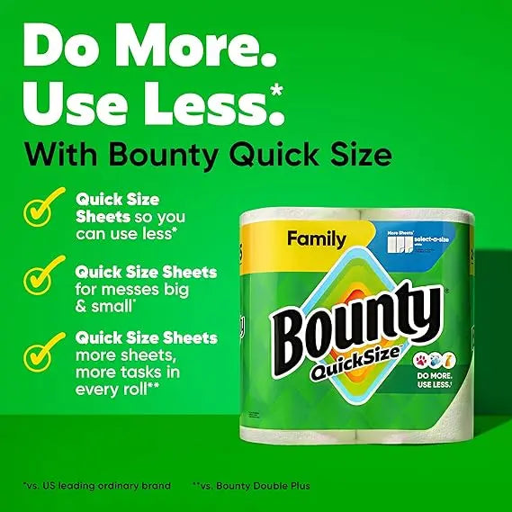 Bounty Quick Size Paper Towels, White, 8 Family Rolls = 20 Regular Rolls Retailxpres