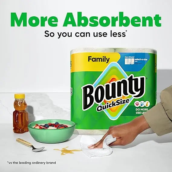 Bounty Quick Size Paper Towels, White, 8 Family Rolls = 20 Regular Rolls Retailxpres