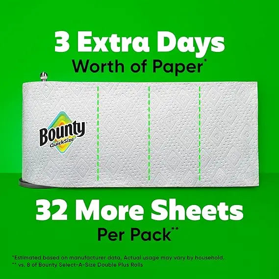 Bounty Quick Size Paper Towels, White, 8 Family Rolls = 20 Regular Rolls Retailxpres