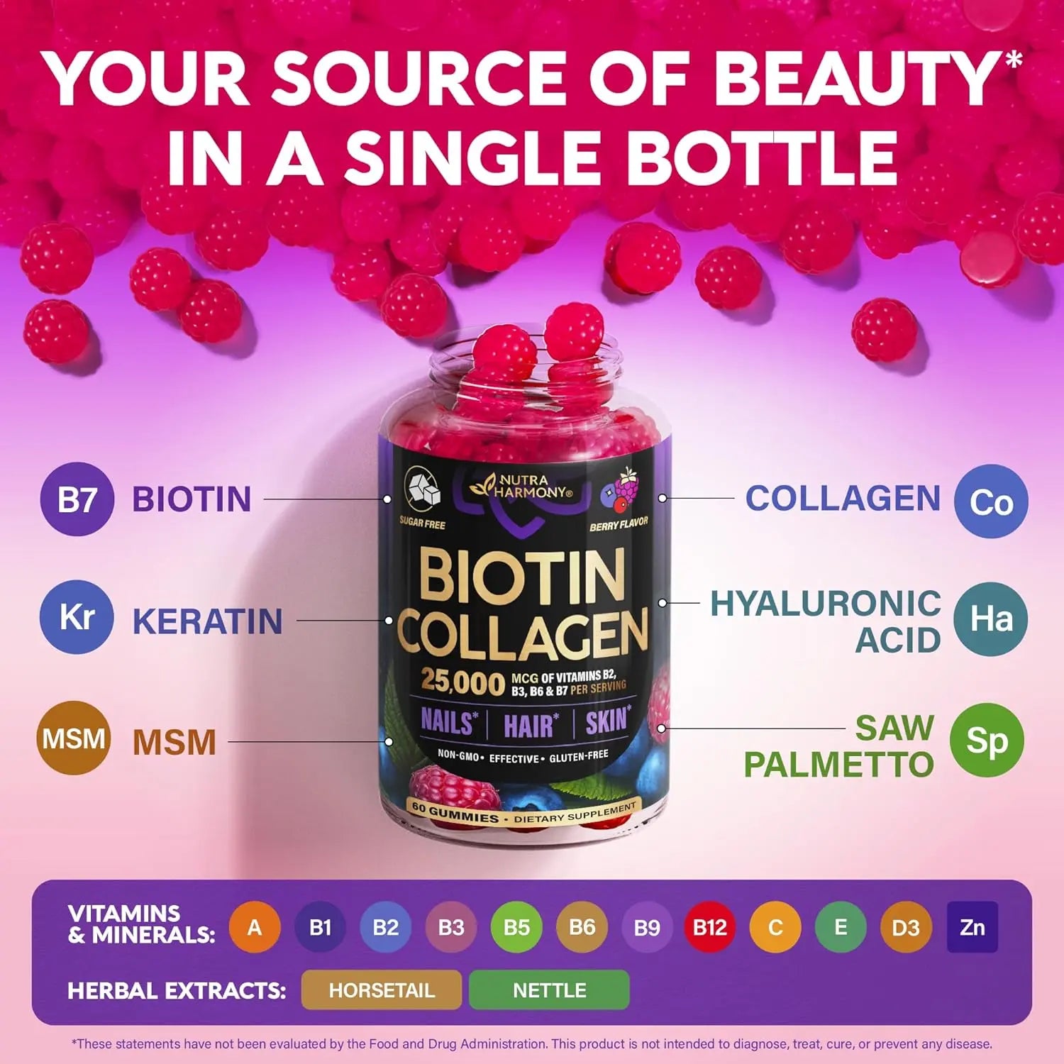 Biotin Gummies with Collagen - Hair Growth Support Skin, & Nail Strength - for Women & Men - Biotin 10000mcg | Keratin | Hyaluronic Acid | B-Complex | Saw Palmetto - Sugar-Free, Mixed Berry - 60 Gummy Ifelshop