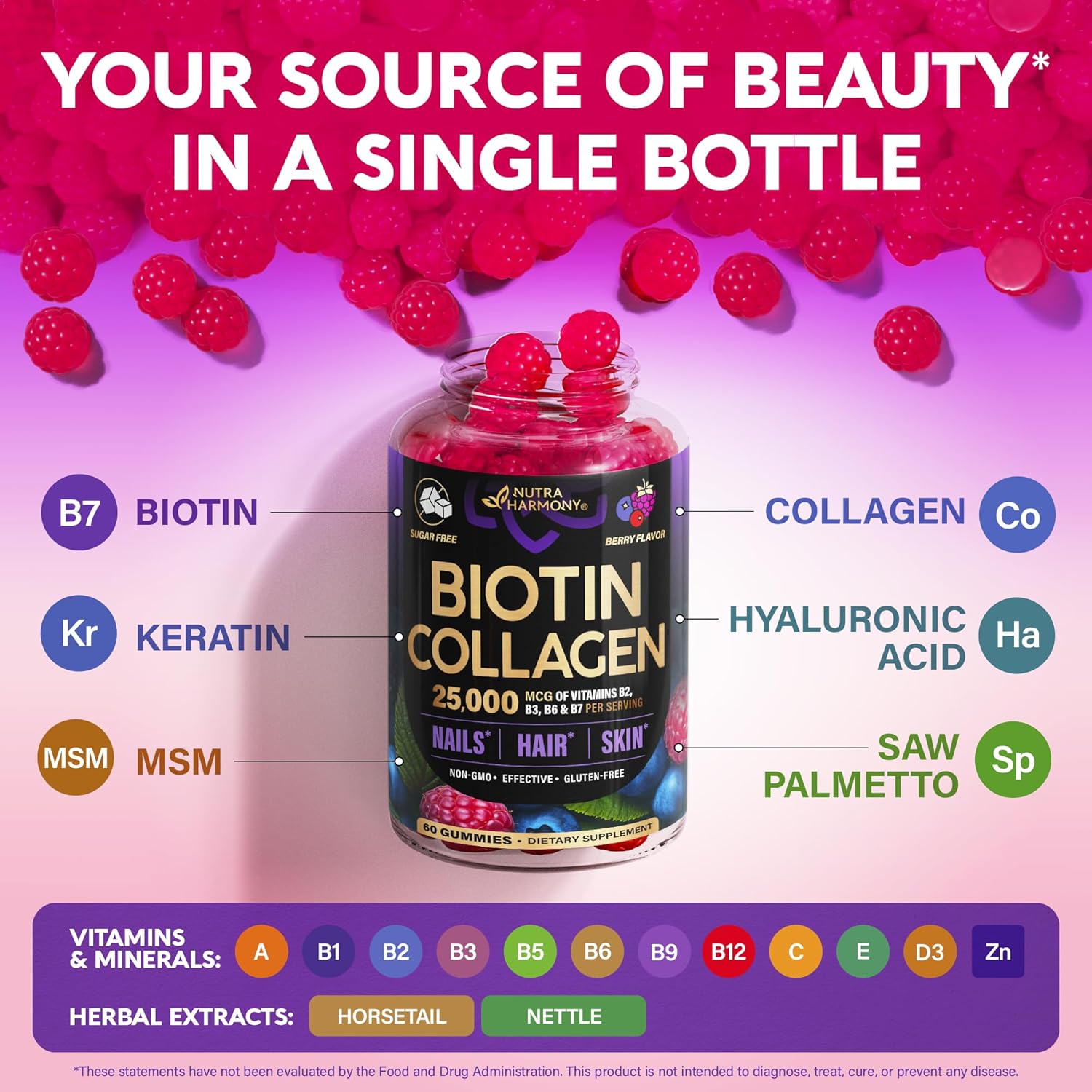 Biotin Gummies with Collagen - Hair Growth Support Skin, & Nail Strength - for Women & Men - Biotin 10000mcg | Keratin | Hyaluronic Acid | B-Complex | Saw Palmetto - Sugar-Free, Mixed Berry - 60 Gummy Ifelshop