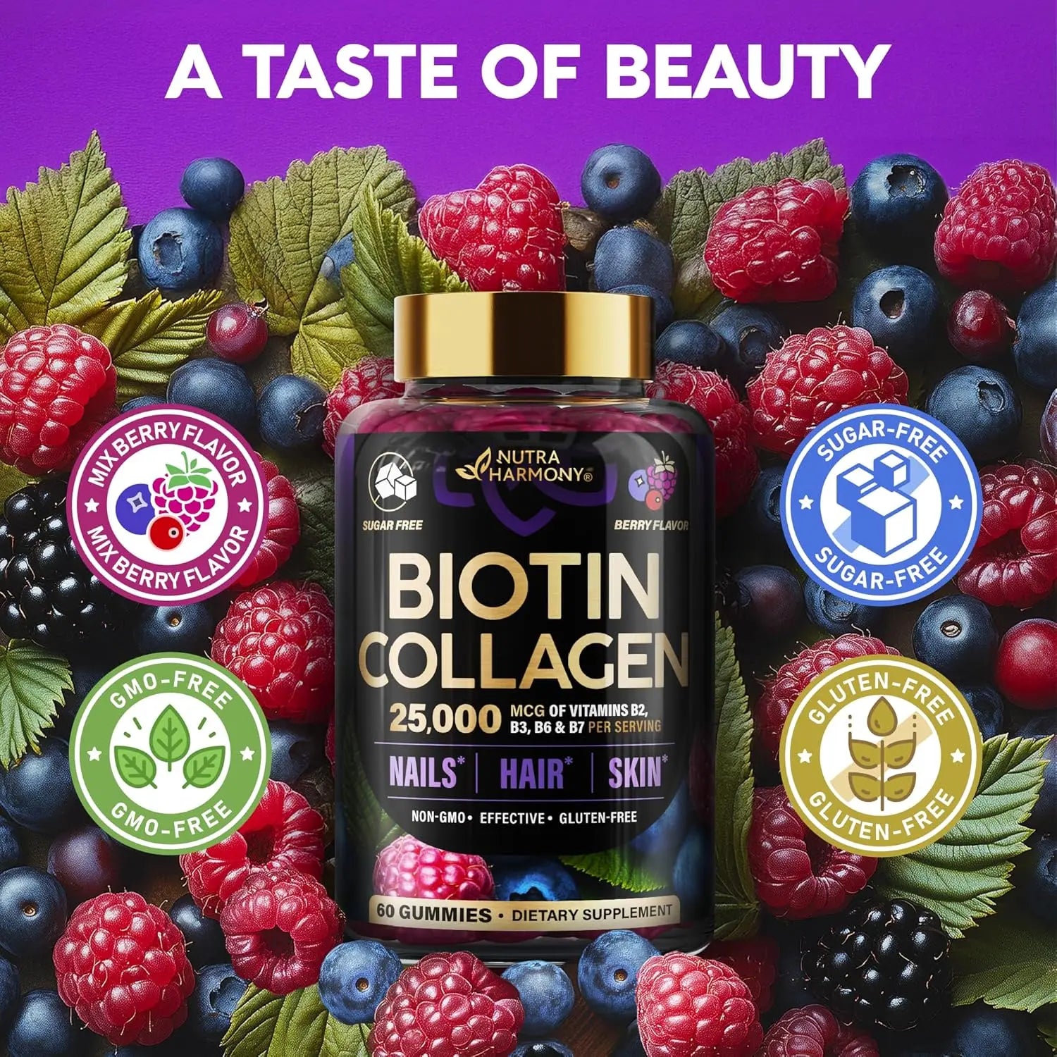 Biotin Gummies with Collagen - Hair Growth Support Skin, & Nail Strength - for Women & Men - Biotin 10000mcg | Keratin | Hyaluronic Acid | B-Complex | Saw Palmetto - Sugar-Free, Mixed Berry - 60 Gummy Ifelshop