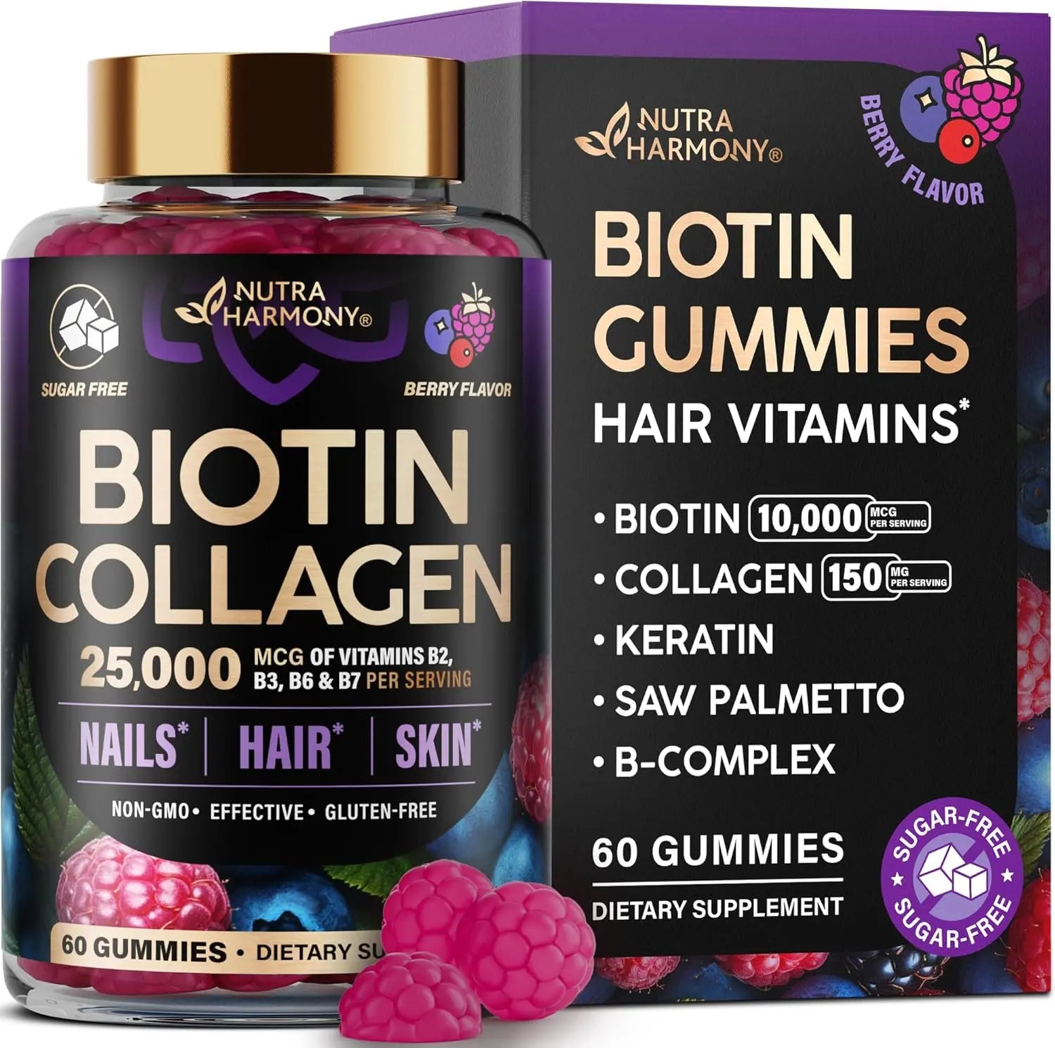 Biotin Gummies with Collagen - Hair Growth Support Skin, & Nail Strength - for Women & Men - Biotin 10000mcg | Keratin | Hyaluronic Acid | B-Complex | Saw Palmetto - Sugar-Free, Mixed Berry - 60 Gummy Ifelshop