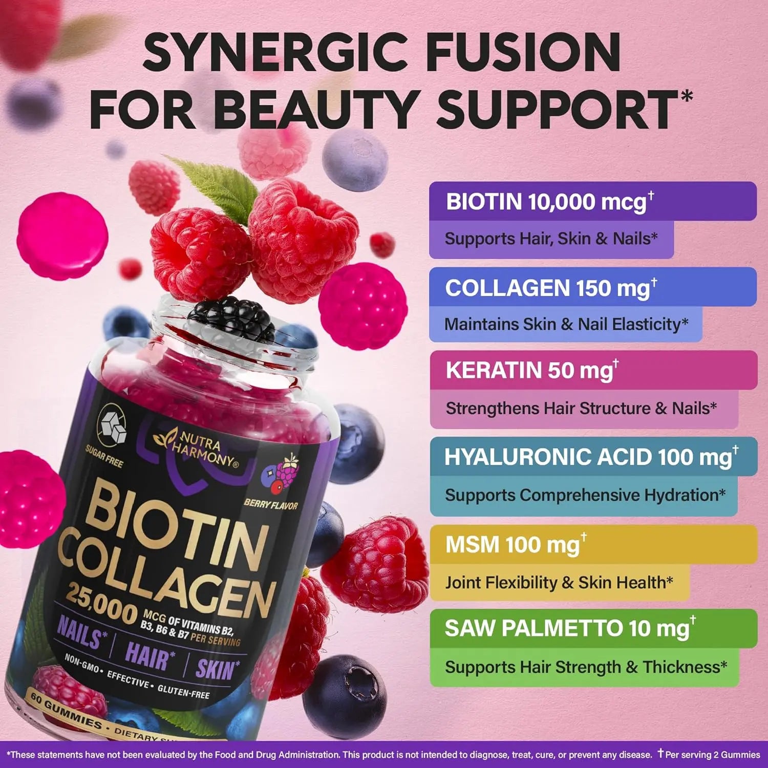 Biotin Gummies with Collagen - Hair Growth Support Skin, & Nail Strength - for Women & Men - Biotin 10000mcg | Keratin | Hyaluronic Acid | B-Complex | Saw Palmetto - Sugar-Free, Mixed Berry - 60 Gummy Ifelshop