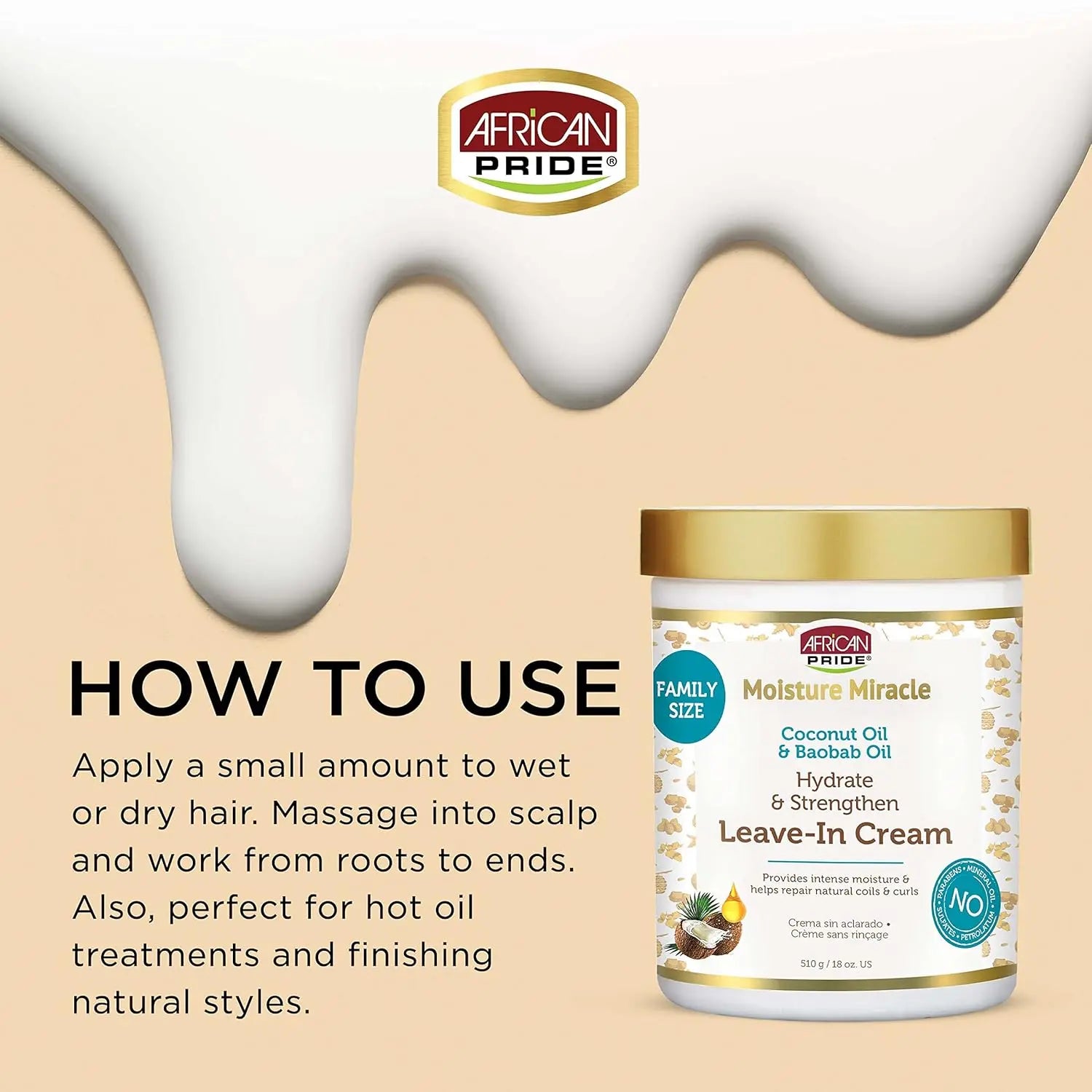 African Pride Moisture Miracle Coconut Oil and Baobab Oil Leave In Hair Cream for Natural Coils and Curls 18 oz Ifelshop