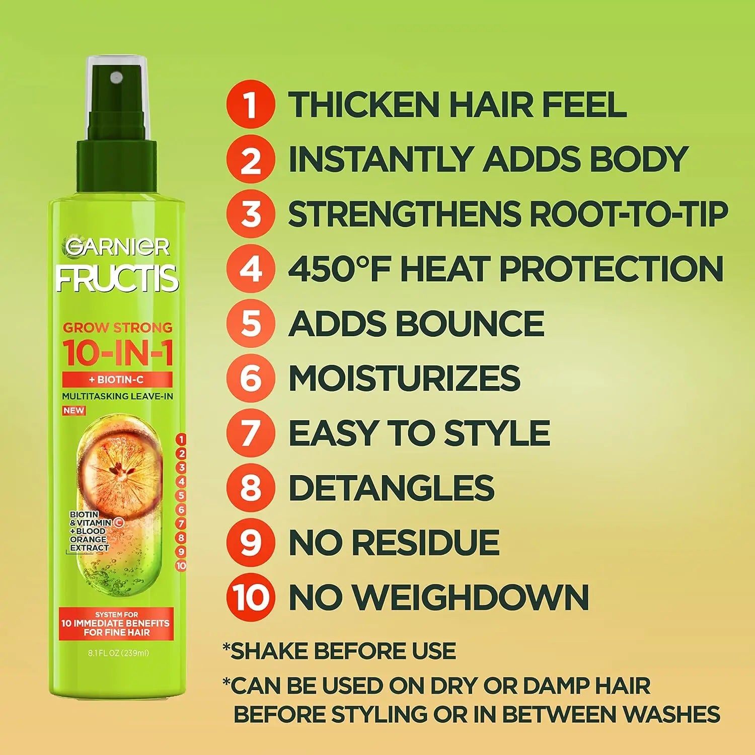 Garnier Fructis Grow Strong Thickening 10-in-1 Spray, Biotin-C, 8.1 Fl Oz, 1 Count (Packaging May Vary) Ifelshop