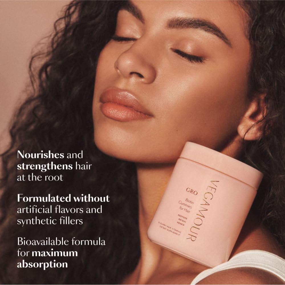 VEGAMOUR GRO Biotin Gummies, Strawberry Flavor with 5000 mcg Biotin, Supports Healthy Hair Vegan Gummies with Vitamins A, B, C, E, B-12 & More, 30 Ct Ifelshop