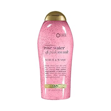 OGX Sensitive + Rose Water & Pink Sea Salt Exfoliating Body Scrub + Rose Quartz, Gentle Exfoliating Daily Body Wash Softens Skin, Body Scrub for Women, Sulfate-Free Surfactants, 19.5 fl oz Retailxpres