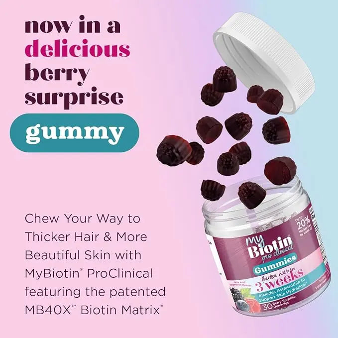 Purity Products MyBiotin ProClinical Gummies - Thicker Hair Starting in 3 Weeks & Fights Wrinkles - MB40X Biotin Matrix w/Astaxanthin - 40X More Soluble vs Ordinary Biotin 30 Berry Gummy Chews Ifelshop