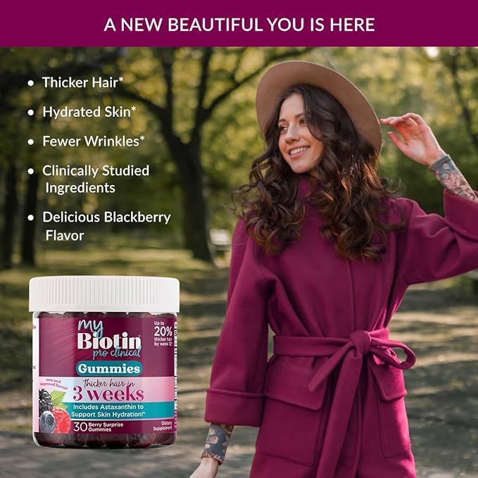 Purity Products MyBiotin ProClinical Gummies - Thicker Hair Starting in 3 Weeks & Fights Wrinkles - MB40X Biotin Matrix w/Astaxanthin - 40X More Soluble vs Ordinary Biotin 30 Berry Gummy Chews Ifelshop