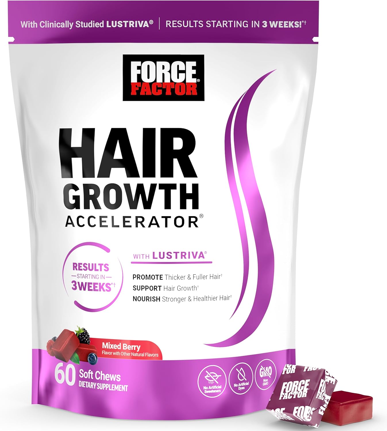 Force Factor Hair Growth Accelerator Soft Chews, Hair Growth Vitamins for Women and Men with Clinically Studied Lustriva and Biotin, Promotes Thicker, Fuller, Stronger Hair, Mixed Berry, 60 Soft Chews Ifelshop