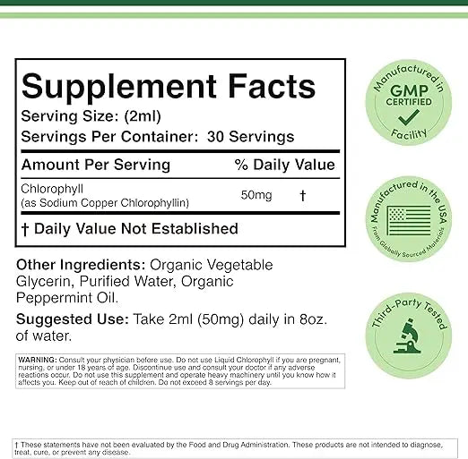 Chlorophyll Liquid Drops - for Digestion, Gut Health, Energy and Detox - Vegan Safe (Rich, Full Texture and Taste, Not Watered Down), 2oz Peppermint Flavored, by Double Wood Retailxpres